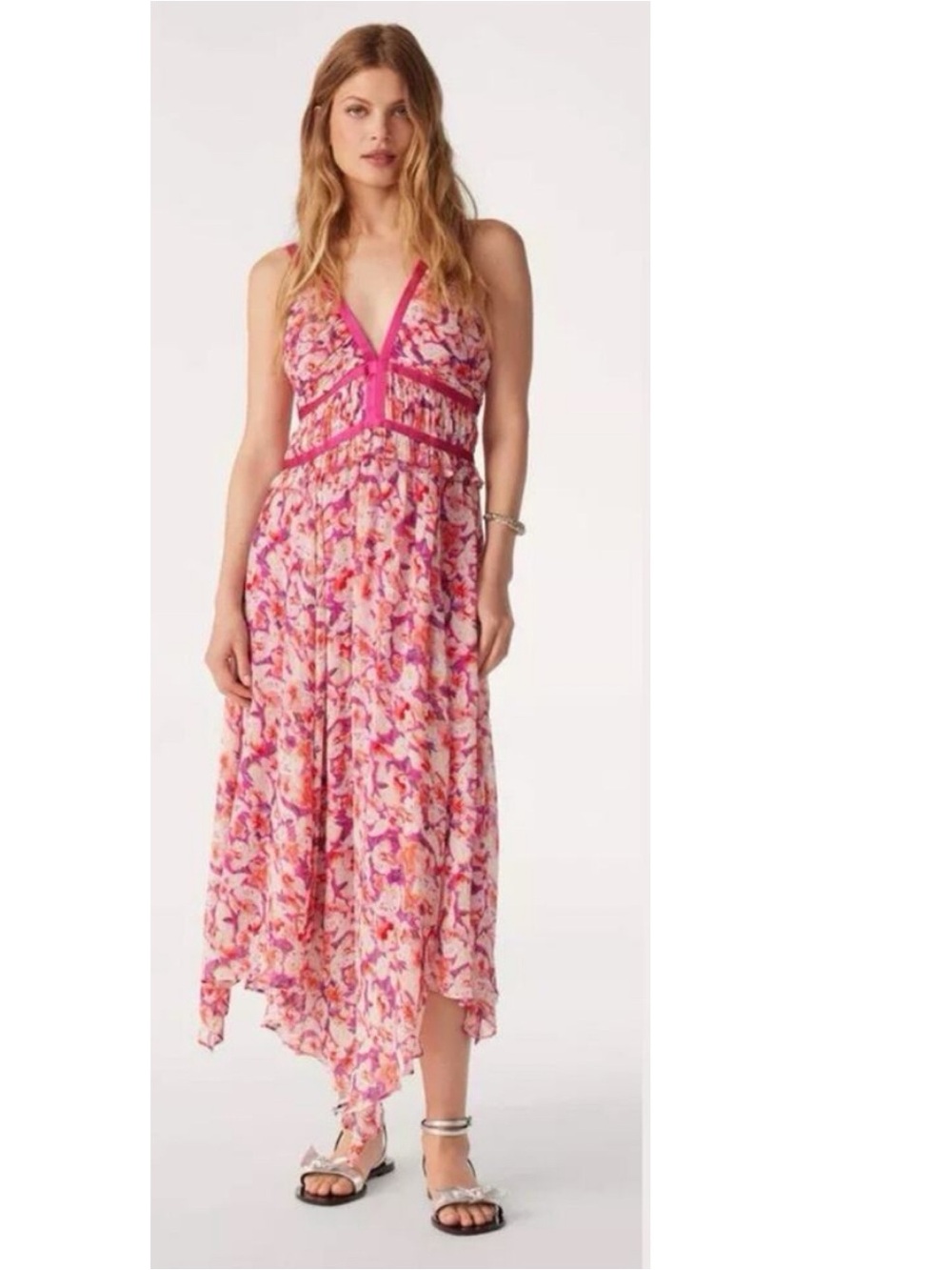 Ba&sh Dora Midi Dress Fuchsia Pink Sz Medium Ruffle Asymmetric French Chic NWT